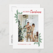 ミニマルな緑の松の写真赤メリークリスマス ポストカード (正面/裏面)