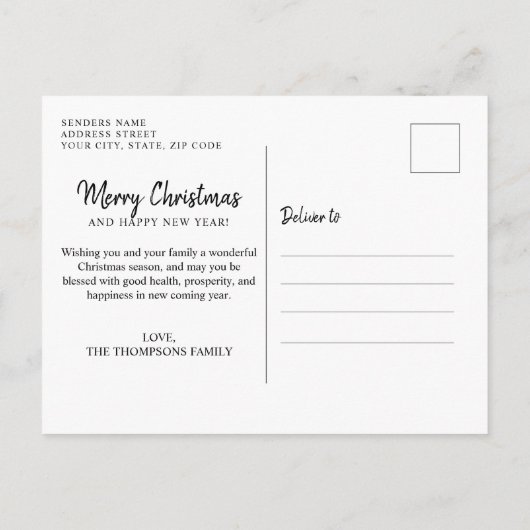 ミニマルな緑の松の写真赤メリークリスマス ポストカード (裏面)