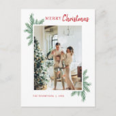 ミニマルな緑の松の写真赤メリークリスマス ポストカード (正面)
