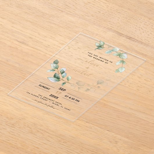 ミニマルな緑の葉モダンユーカリ結婚ス アクリル招待状 (レイダウン)