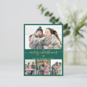 ミニマルな緑の金ゴールド4フォトコラージクリスマス ポストカード (スタンド正面)