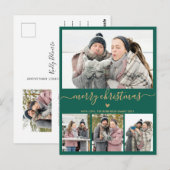 ミニマルな緑の金ゴールド4フォトコラージクリスマス ポストカード (正面/裏面)