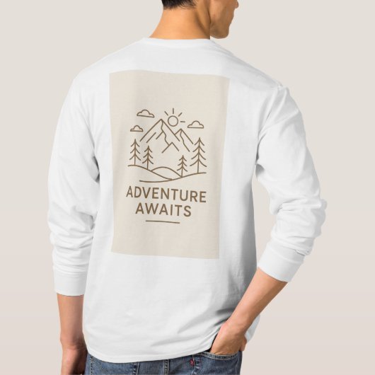 ミニマルな線画の「冒険が待っている」Tシャツデザイン Tシャツ (裏面)