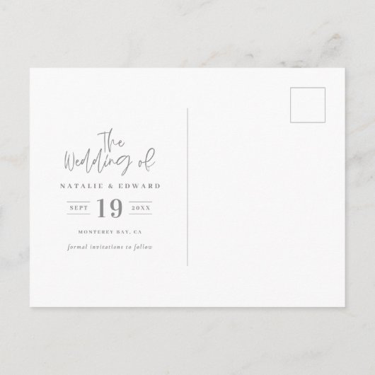 ミニマルな群葉 + 原稿の文字の保存日付 案内ポストカード (裏面)