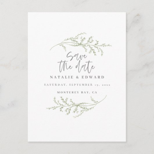 ミニマルな群葉 + 原稿の文字の保存日付 案内ポストカード (正面)