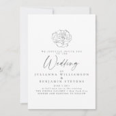 ミニマルな花のラインアートの白いスクリプトの結婚式 招待状 (正面)