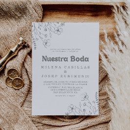 ミニマルな落ち着いたグレー+野生の花+Nuestra+Boda+ウェディング 招待状