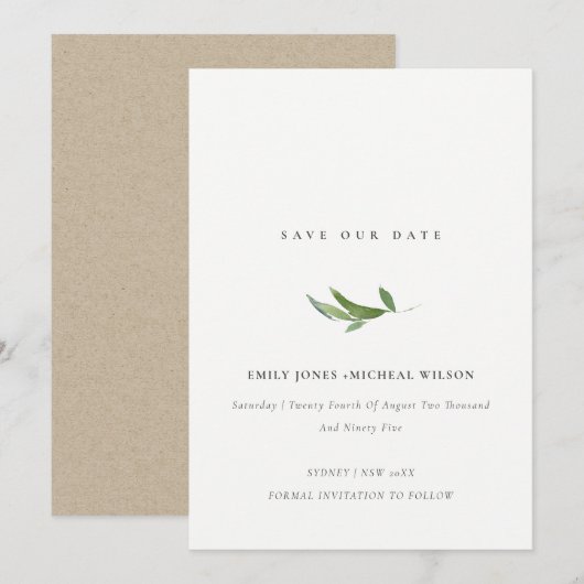 ミニマルな葉の水彩画 Save Our Date 招待状 (正面/裏面)