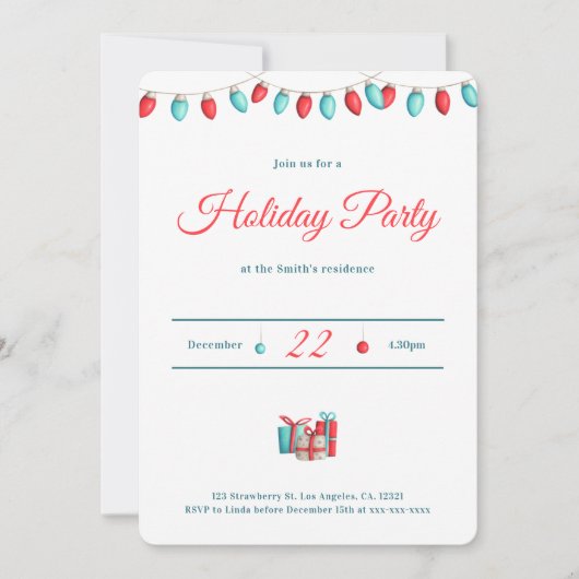ミニマルな赤いクリスマスライト 招待状 (正面)
