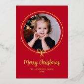 ミニマルな赤と金ゴールドの弓の写真 箔シーズンカード (正面)