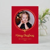 ミニマルな赤と金ゴールドの弓の写真 箔シーズンカード (立ち正面)