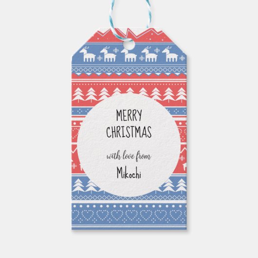 ミニマルな赤と青のクリスマス – パタユニークーン ギフトタグ (正面)