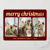 ミニマルな赤3写真メリークリスマススクリプト 箔シーズンカード (正面)