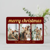 ミニマルな赤3写真メリークリスマススクリプト 箔シーズンカード (立ち正面)