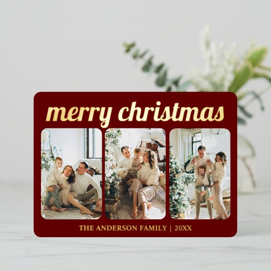 ミニマルな赤3写真メリークリスマススクリプト 箔シーズンカード (立ち正面)