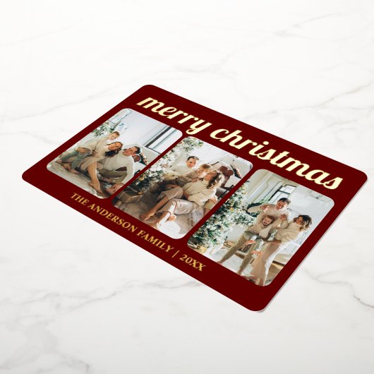 ミニマルな赤3写真メリークリスマススクリプト 箔シーズンカード (回転した状態)
