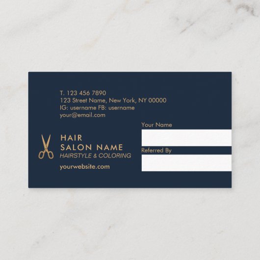 ミニマルな金ゴールドのはさみの美容師の紹介カード 名刺 (裏面)