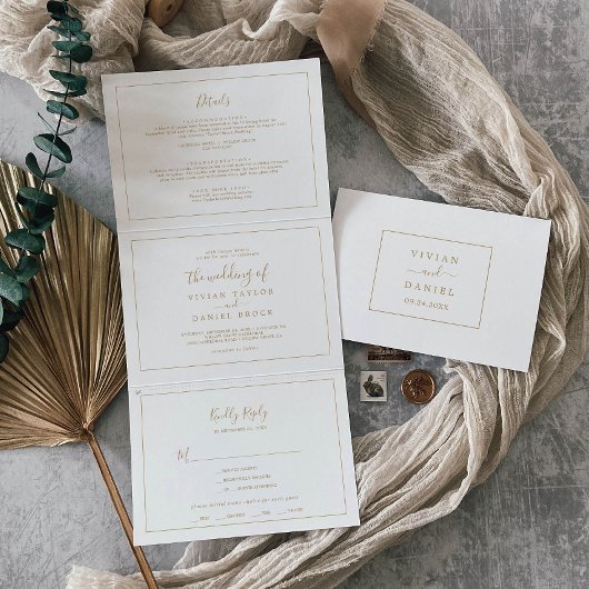 ミニマルな金ゴールド結婚写真の全てを1つに 三つ折り招待状