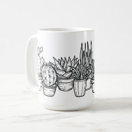 ミニマルな鉢植えサボテン - ブラックインクのボタニカル コーヒーマグカップ