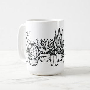 ミニマルな鉢植えサボテン - ブラックインクのボタニカル コーヒーマグカップ