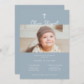 ミニマルな青い写真の洗礼式・キリスト洗礼式の招待状 招待状 (正面/裏面)