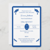 ミニマルな青と白のカスタム卒業 招待状 (正面)