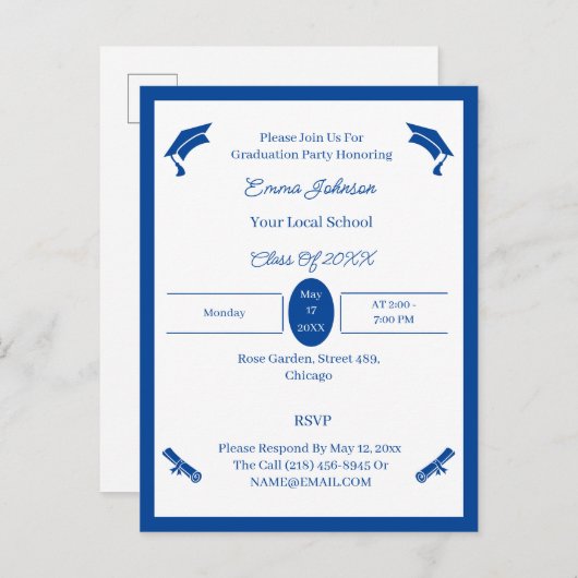 ミニマルな青と白のカスタム卒業 案内ポストカード (正面/裏面)