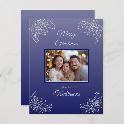 ミニマルな青の植物写真クリスマス シーズンカード (正面/裏面)