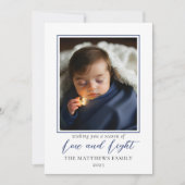 ミニマルな青の白い写真愛 |ライトハヌカー シーズンカード (正面)