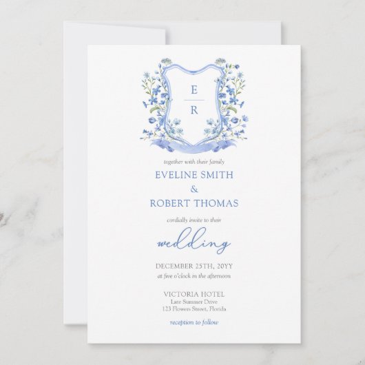 ミニマルな青フローラクレストモノグラム結婚ズ 招待状 (正面)