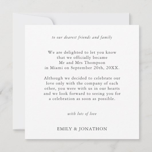 ミニマルな駆け落ち写真発表 ノートカード (裏面)