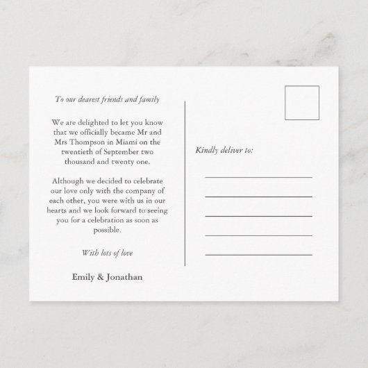 ミニマルな駆け落ち発表写真 案内ポストカード (裏面)