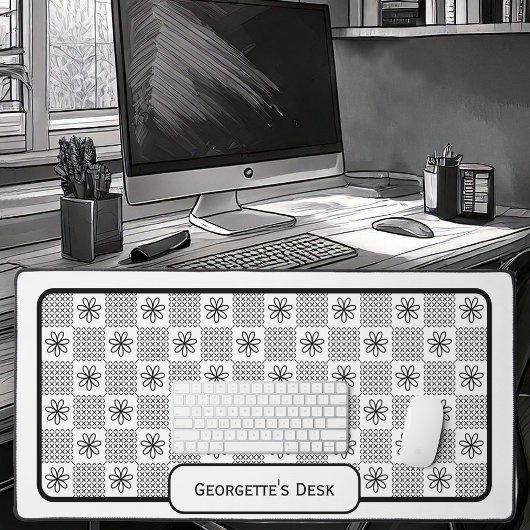 ミニマルな黒い花 – チェック付き白 デスクマット