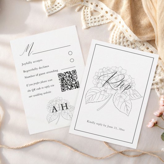 ミニマルな黒と白のアジサイの結婚式RSVP 出欠カード