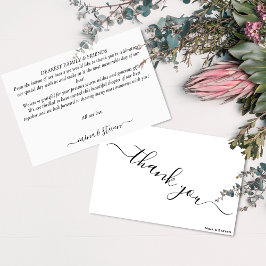 ミニマルな黒と白のカリグラフィー結婚式 サンキューカード