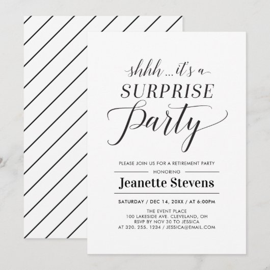 ミニマルな黒と白のサプライズ退職パーティー 招待状 (正面/裏面)
