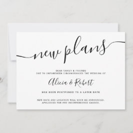 ミニマルな黒と白のスクリプト　延期された新しい計画 招待状