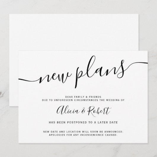 ミニマルな黒と白のスクリプト　延期された新しい計画 招待状 (正面/裏面)