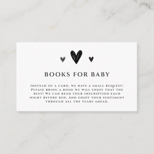 ミニマルな黒ハートの赤ちゃんシャワー用ブック エンクロージャーカード (正面)