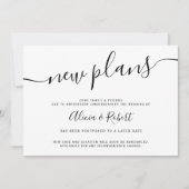 ミニマルな黒白のスクリプト　延期された新しい計画 招待状 (正面)