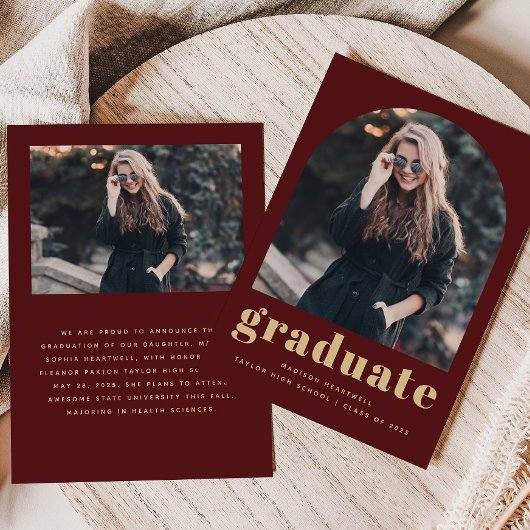 ミニマルな2フォトアーチブルゴーニュ金ゴールド卒業 案内状