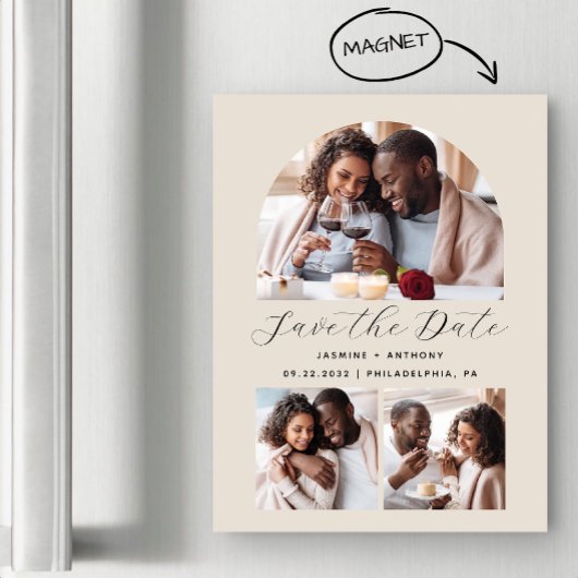 ミニマルな3フォトアーチベージュ マグネット招待状