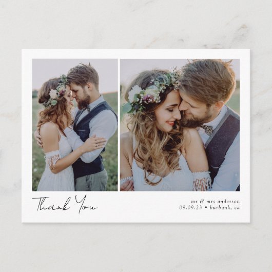 ミニマルな3枚の写真とカリグラフィーの結婚式お礼カード ポストカード (正面)