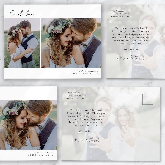 ミニマルな3枚の写真とカリグラフィーの結婚式お礼カード ポストカード