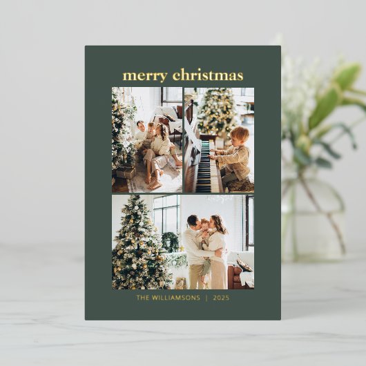 ミニマルな3枚の写真コラージュ　メリークリスマス　グリーン　ゴールド 箔シーズンカード (立ち正面)