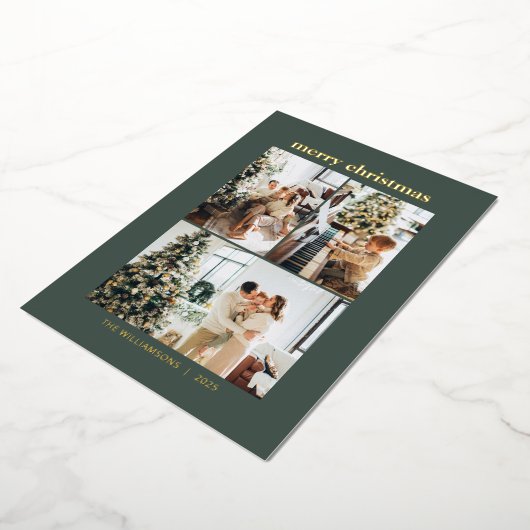 ミニマルな3枚の写真コラージュ　メリークリスマス　グリーン　ゴールド 箔シーズンカード (回転した状態)