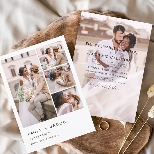ミニマルな5枚の写真がおしゃれなモダンエレガントウェディング 招待状