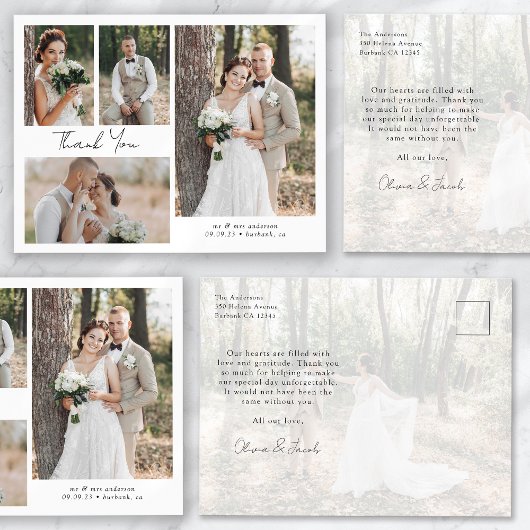 ミニマルな5枚の写真とカリグラフィーの結婚式お礼カード ポストカード