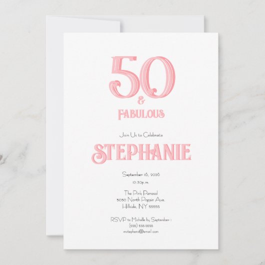 ミニマルな50歳と素晴らしいピンクの50歳の誕生日パーティー 招待状 (正面)