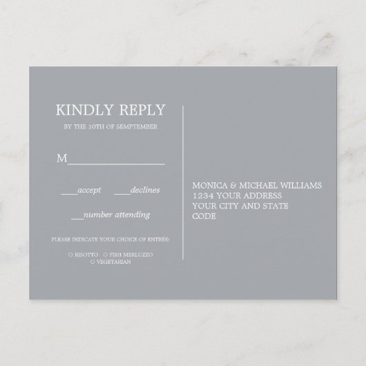 ミニマルな chic ダークブルー | 結婚式 返信 食事選択 インビテーションポストカード (裏面)